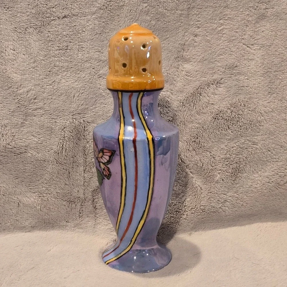 Vintage Japan Lusterware Sugar Shaker Iridescent Blue Floral Butterfly 6.75